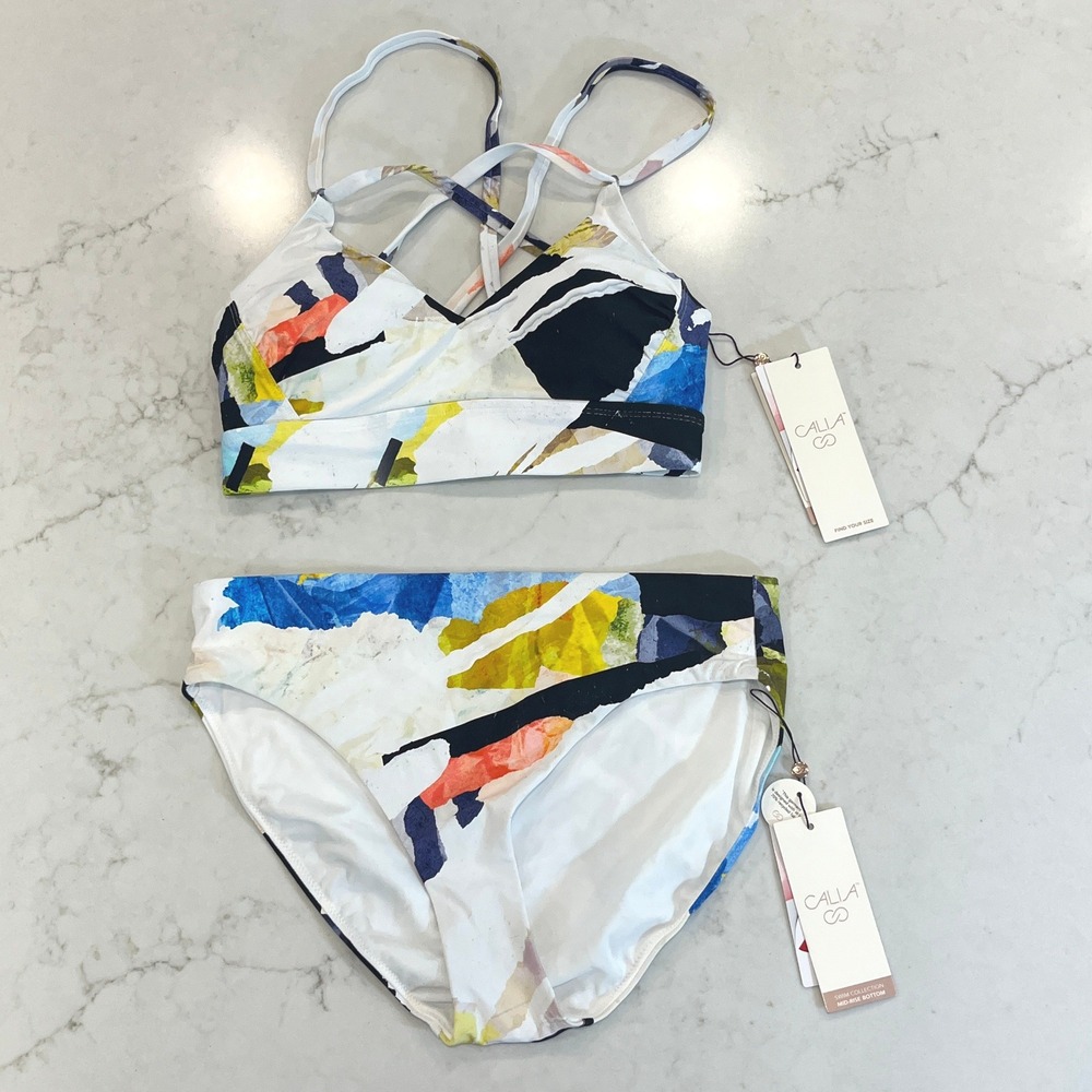 CALIA NEW Strappy Bikini Set Womens S Abstract Collage White Mid Rise High Leg